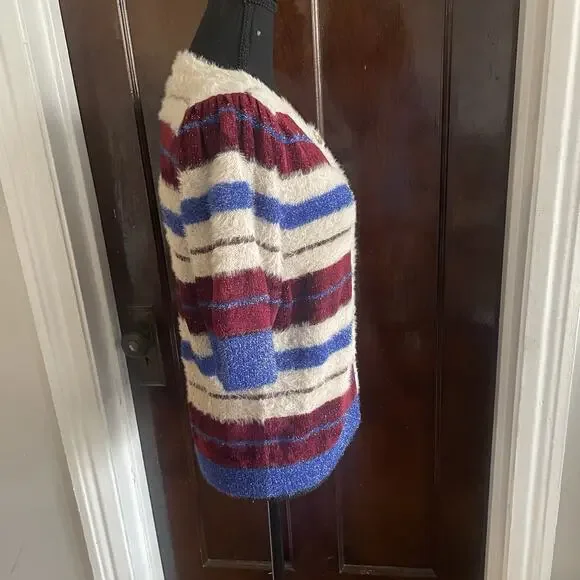 Maeve Anthropologie Short Sleeve Cardigan Sweater Womens LARGE Red Blue Sparkle - Picture 6 of 11